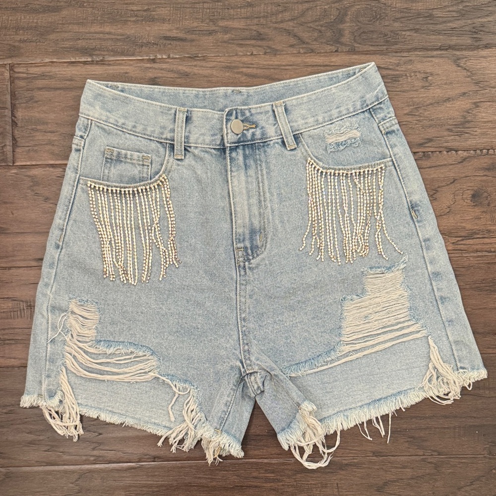 Light Blue Denim Shorts with Fringe Detail